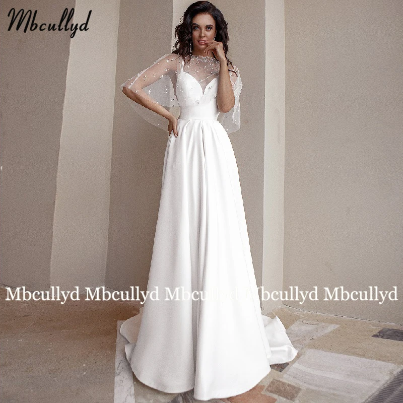 

Mbcullyd 2023 White Long Wedding Dress With Pears Jacket A Line Bride Dress Sexy Backless Beach Court Train Wedding Vestidos
