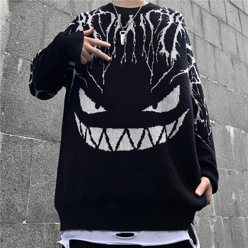 

Oversized Autumn Winter Pullover Sweater Female Fashion Gothic Harajuku O-Neck Cartoon Print Devil Streetwear Couples Knitwear