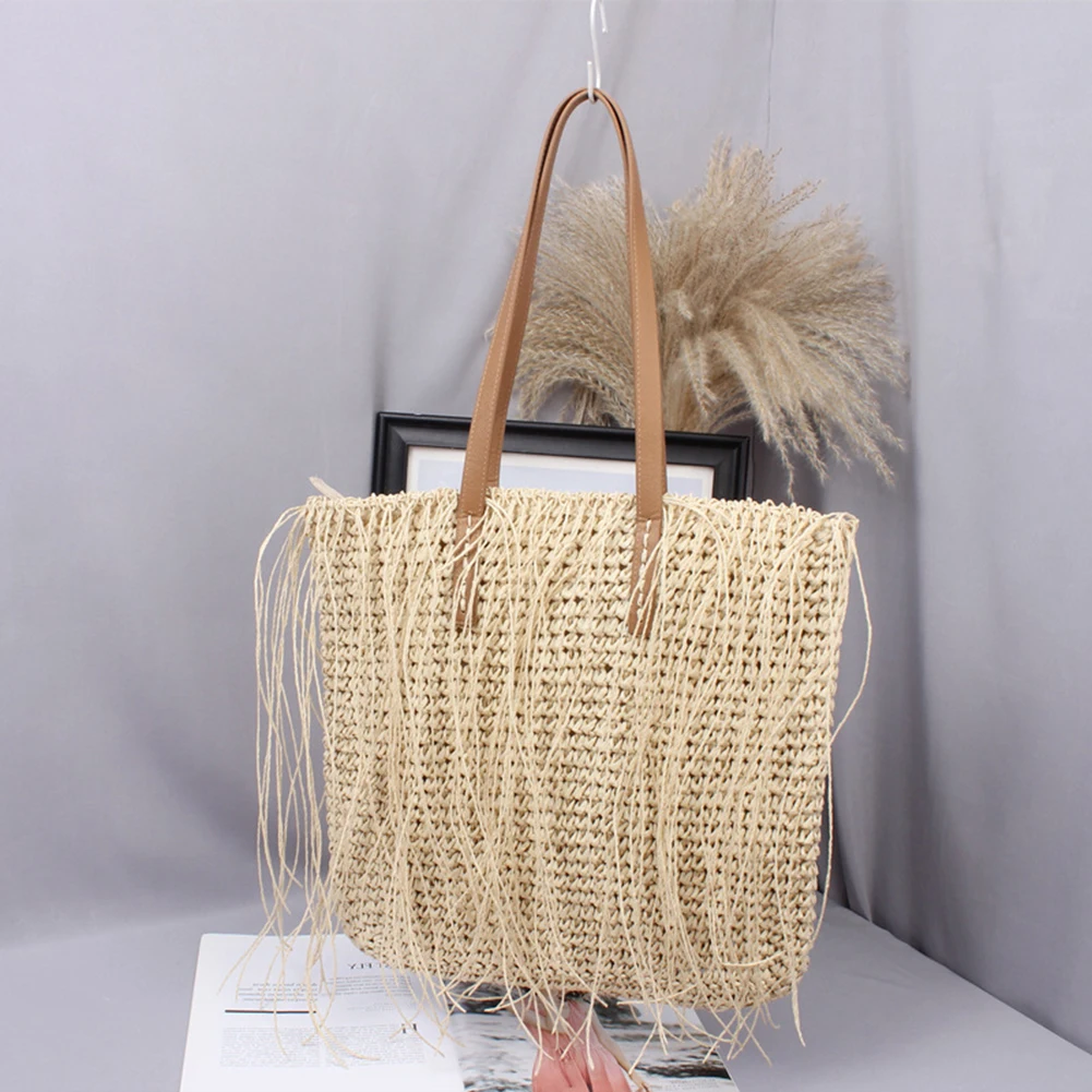 

Fashion Women Straw Woven Tassel Shoulder Shopping Bag Casual Ladies Large Capacity Tote Handbags