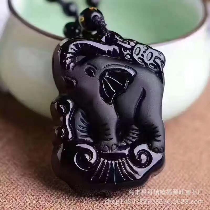 

Natural Black Obsidian Beads Necklace Hand-Carved Elephant Jade Pendant Fashion Charm Jewellery Amulet Gifts for Men Jewelry
