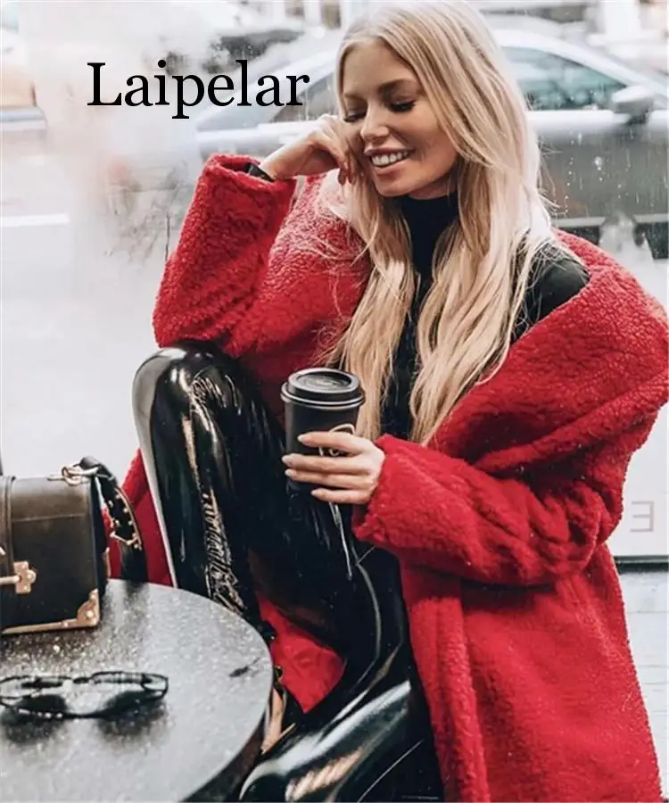 Женское пальто из искусственной овечьей шерсти красное зимнее оверсайз плотное