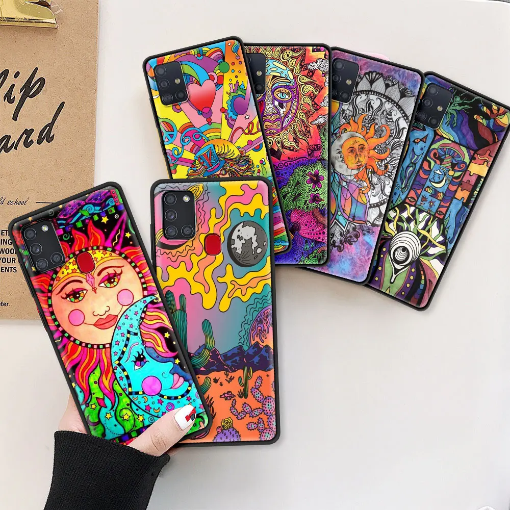 

Case for Samsung Galaxy A51 A71 A21s A12 A52 A32 A72 A31 Soft Coque A41 A02s A11 Black Mobile Phone Cover Indie Hippie Art Sun