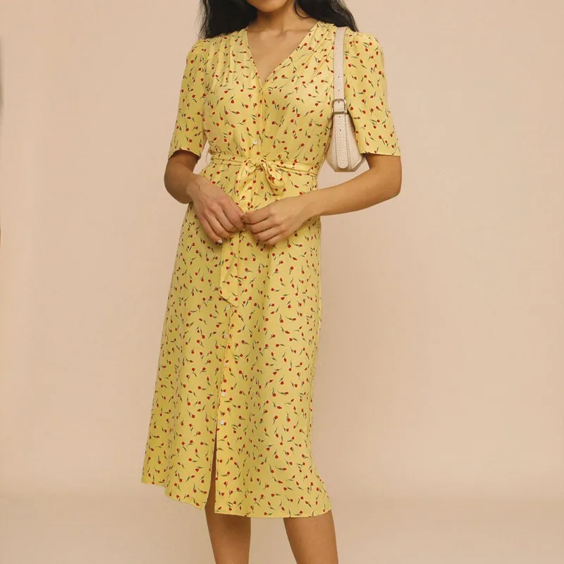 

Новинка весна-лето 2021, модное однобортное тонкое платье в стиле ретро с принтом роз, на шнуровке, с V-образным вырезом и короткими рукавами