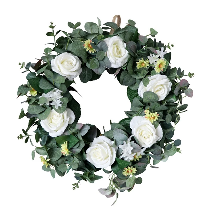 

Искусственные листья эвкалипта, белый цветок розы, венок, летний венок для входной двери, окна, декор для свадебной вечеринки
