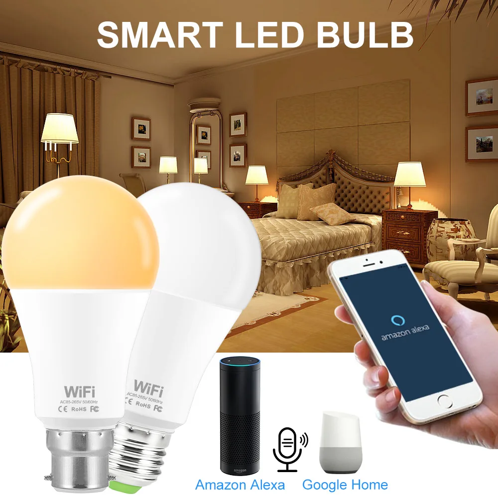 15 Вт Wifi умный светодиодный светильник E27 B22 110 В 220 SMD2835 с регулируемой яркостью