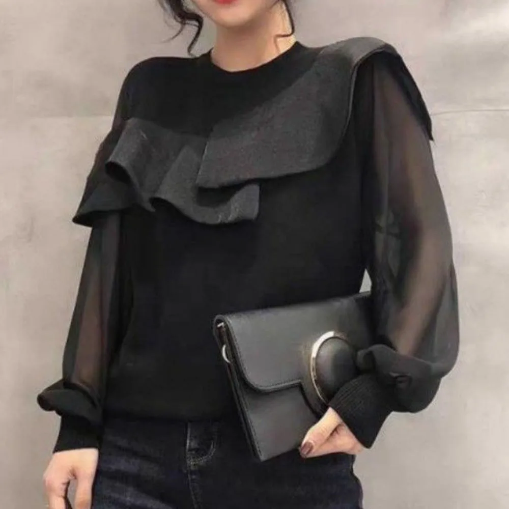 Женская блузка с оборками Повседневная однотонная круглым вырезом и длинным