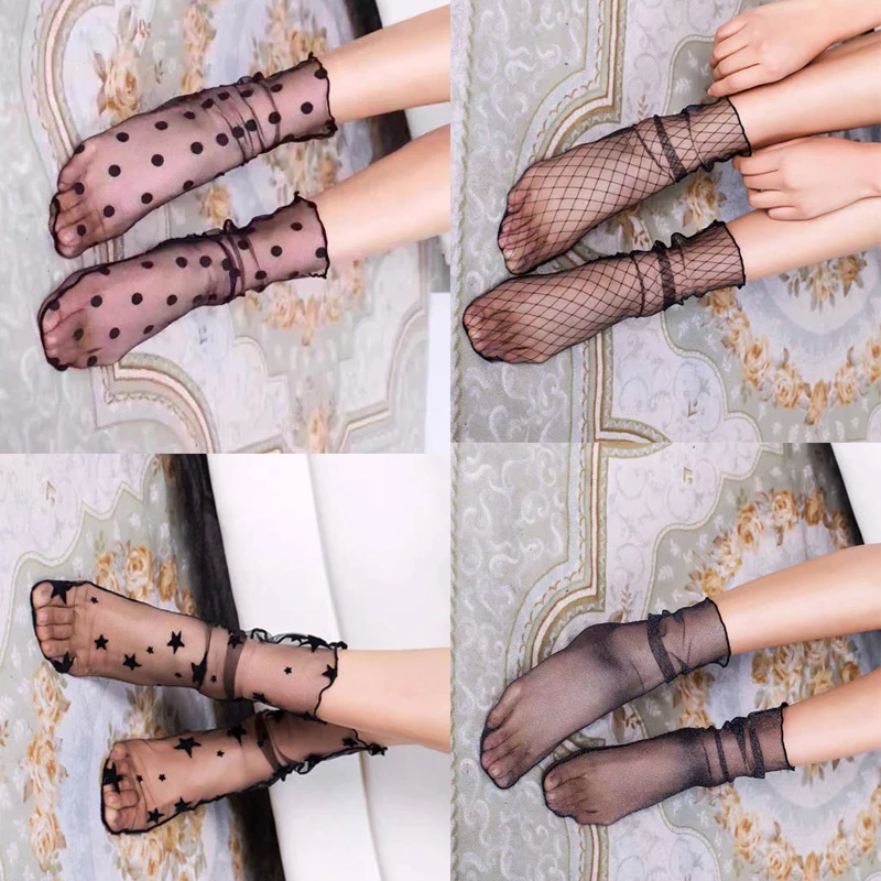 

Носки женские, шелковые, летние, сексуальные, ультратонкие, в стиле ретро, кружевная Цветочная сетка