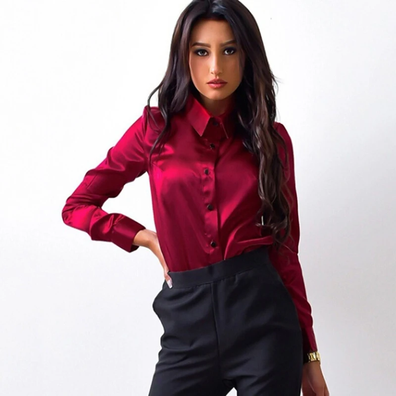 Blusa Women Blouse Elegant Wine red Green Satin Shirt Turn Down Collar Longth Sleeve Female Formal Office OL Blouse Women Tops