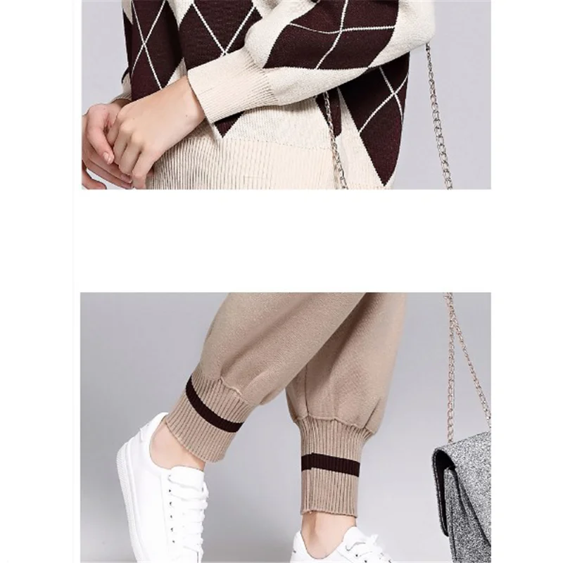 

Casual Jogging Suits for Women V-neck Pullover Sweater + Harem Pant Suit Female Trend Geometric Long Sleeve 2 Piece Set DS8022
