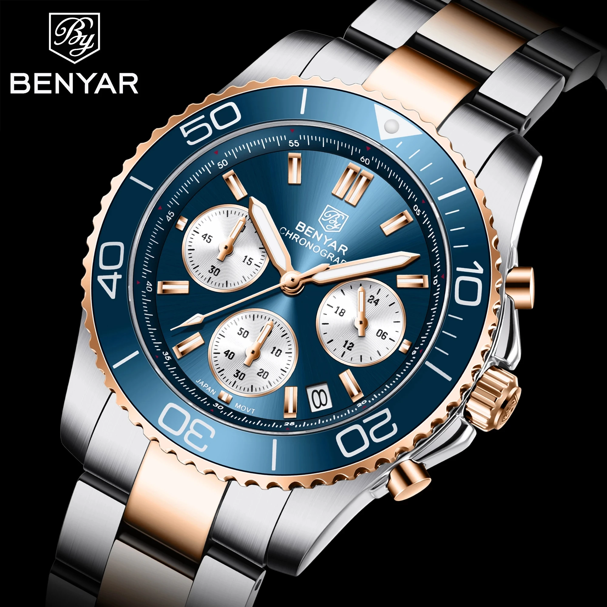 BENYAR 2021 Classic Men's Watch Luxury Sapphire Glass 100M Waterproof Quartz Wristwatch Men's Sports Chronograph Watch For Men