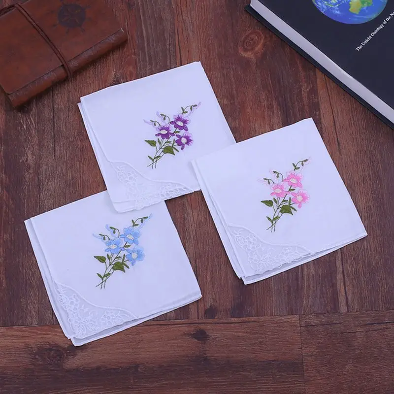 

5Pcs Womens Cotton Handkerchiefs Floral Embroidered Butterfly Lace Pocket Hanky
