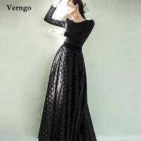 verngo modest black a line evening dresses long sleeves o neck satin and polka spot floor length mother formal party dress