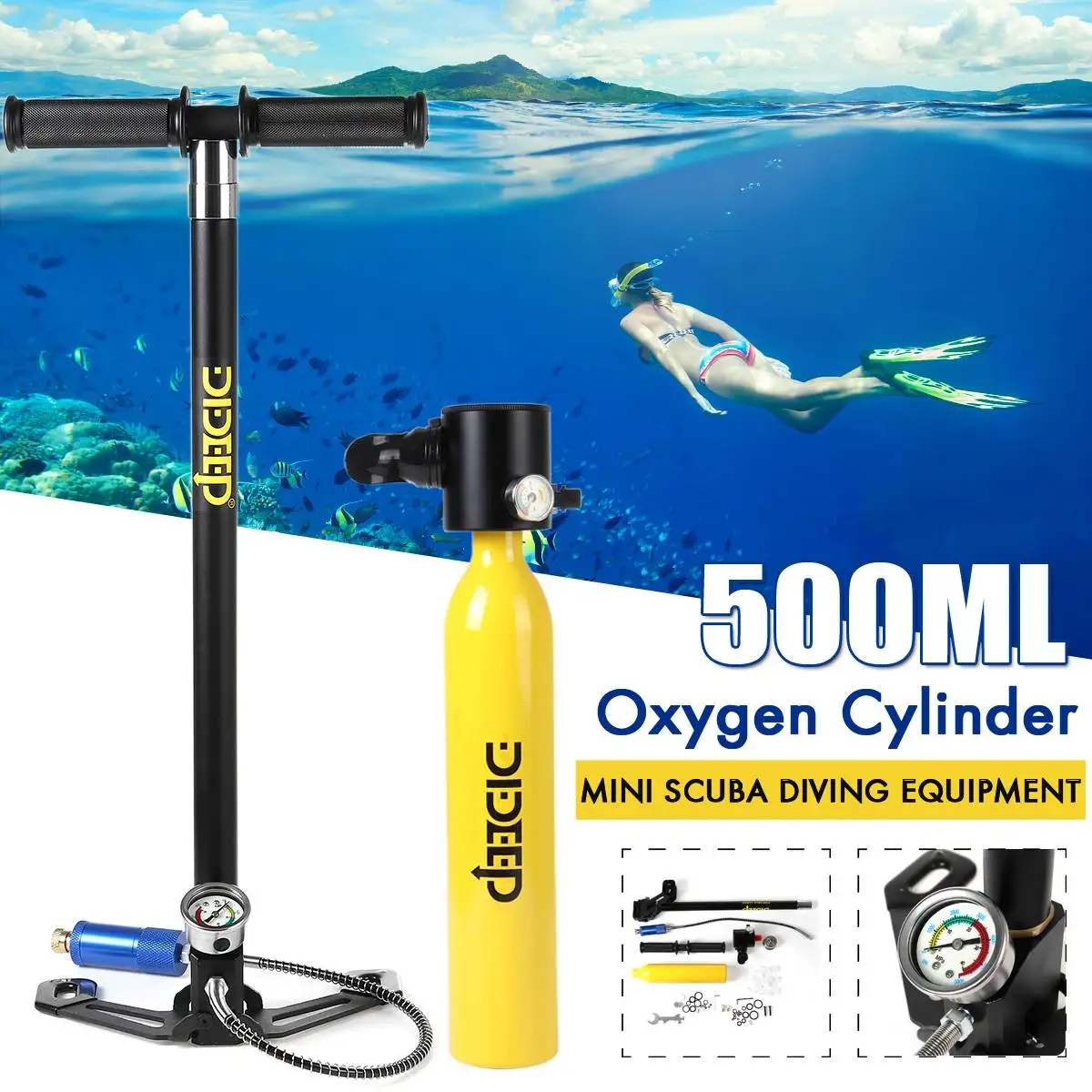 

500ML Mini Scuba Diving Cylinder Oxygen Tank Set Dive Respirator Air Tank Hand Pump for Snorkeling Breathing Diving Equipment