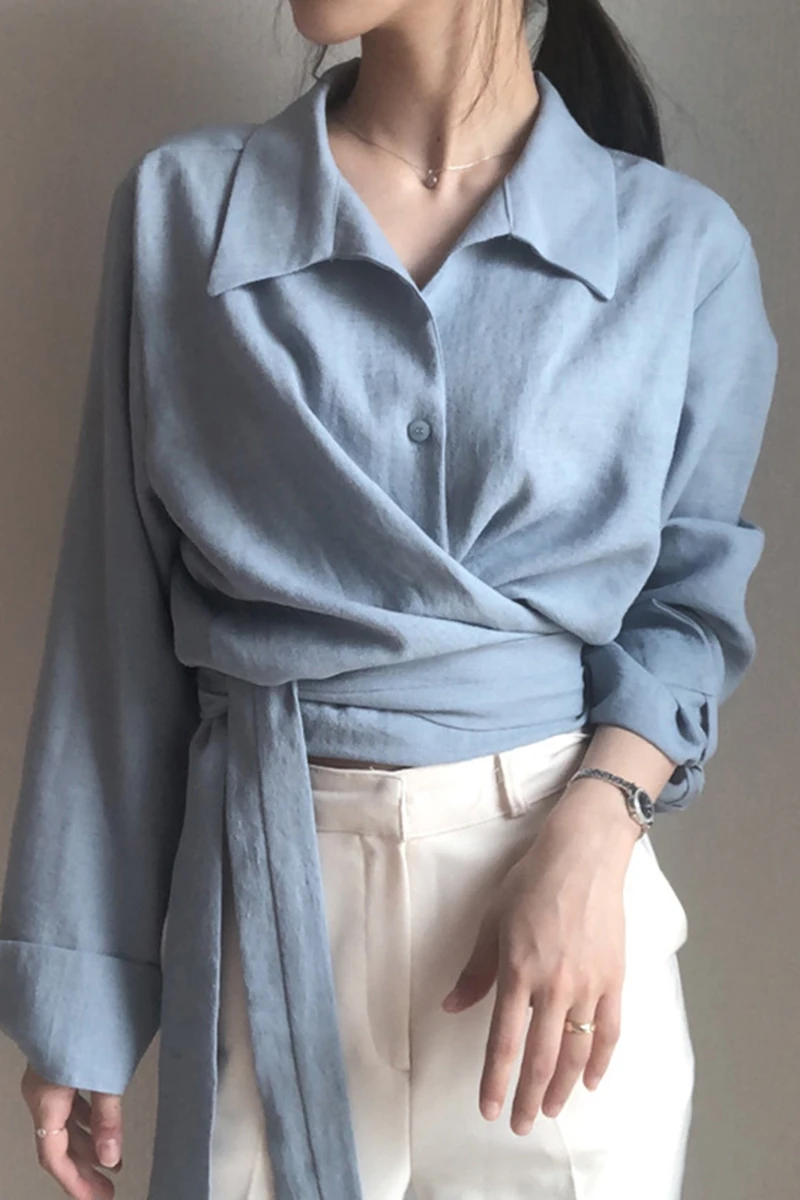 

Korea chic early autumn niche haze blue lapel cross tie waist design slim long-sleeved shirt top