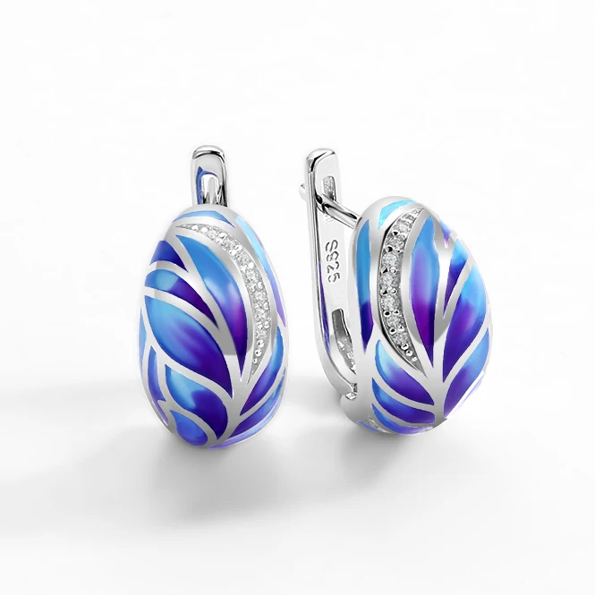 

Genuine 925 Silver Jewelry Blue purple enamel Delicate Earrings for women with Cubic Zirconia Luxury Party Fine Jewelry