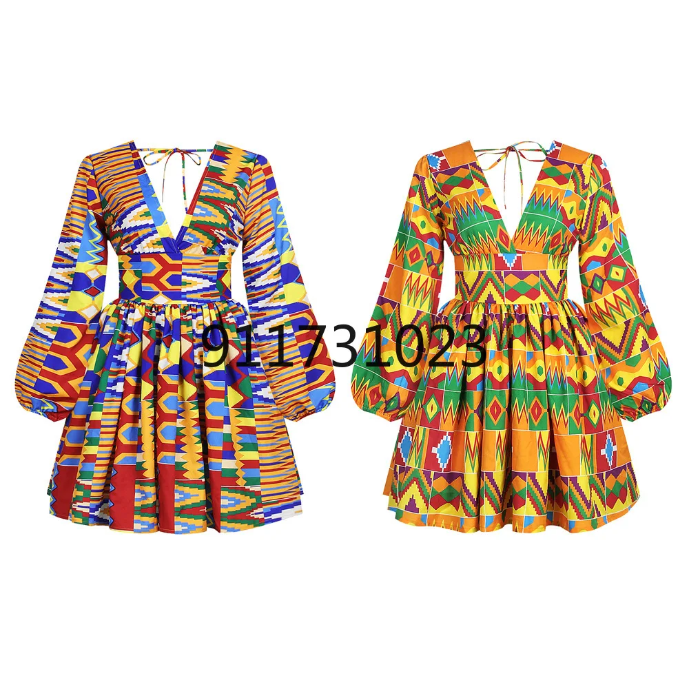 2021 осеннее сексуальное модное платье в африканском стиле с V-образным вырезом и
