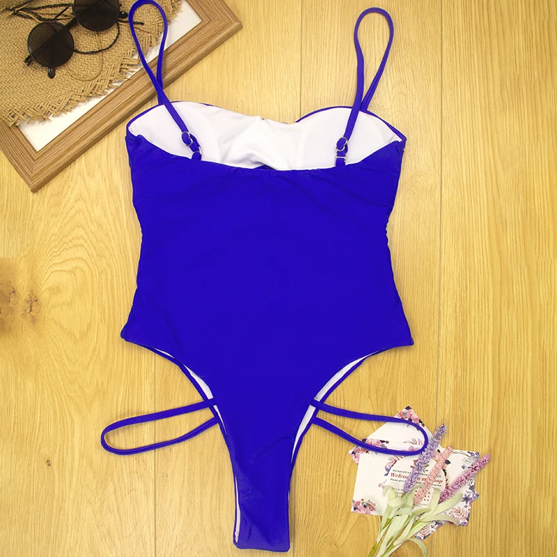 

Sexy Thong One Piece Swimsuit 2021 Women Solid Bandage Bathing Suit Swimwear Yellow Pink Black Blue High Waist Cut Out Monokini
