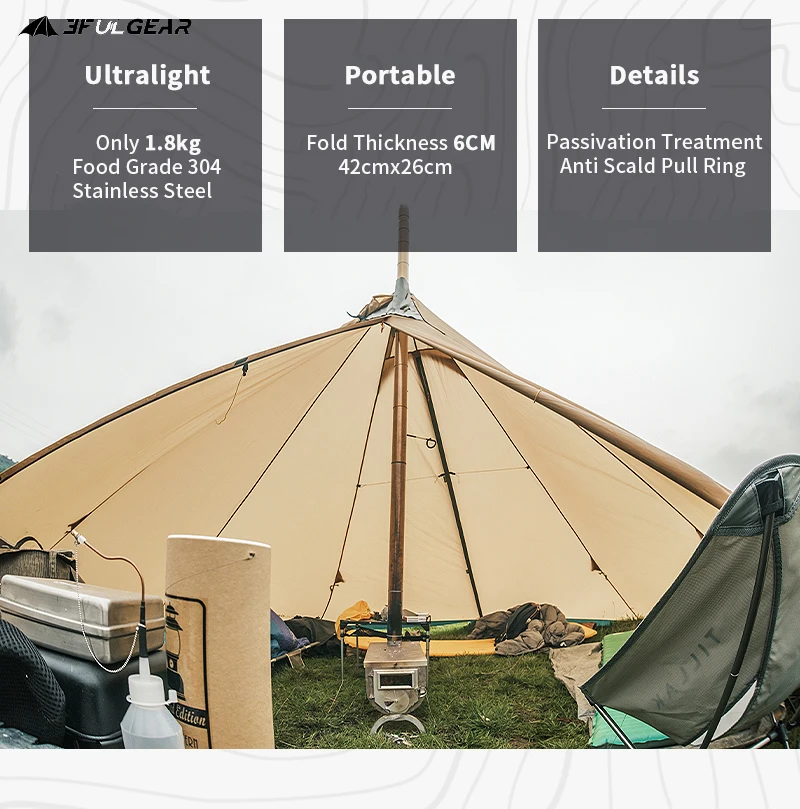 3F UL GEAR Winter Outdoor 304 Stainless Wood Stove Multipurpose Camping Tent Heating Survival Foldable Portable | Спорт и