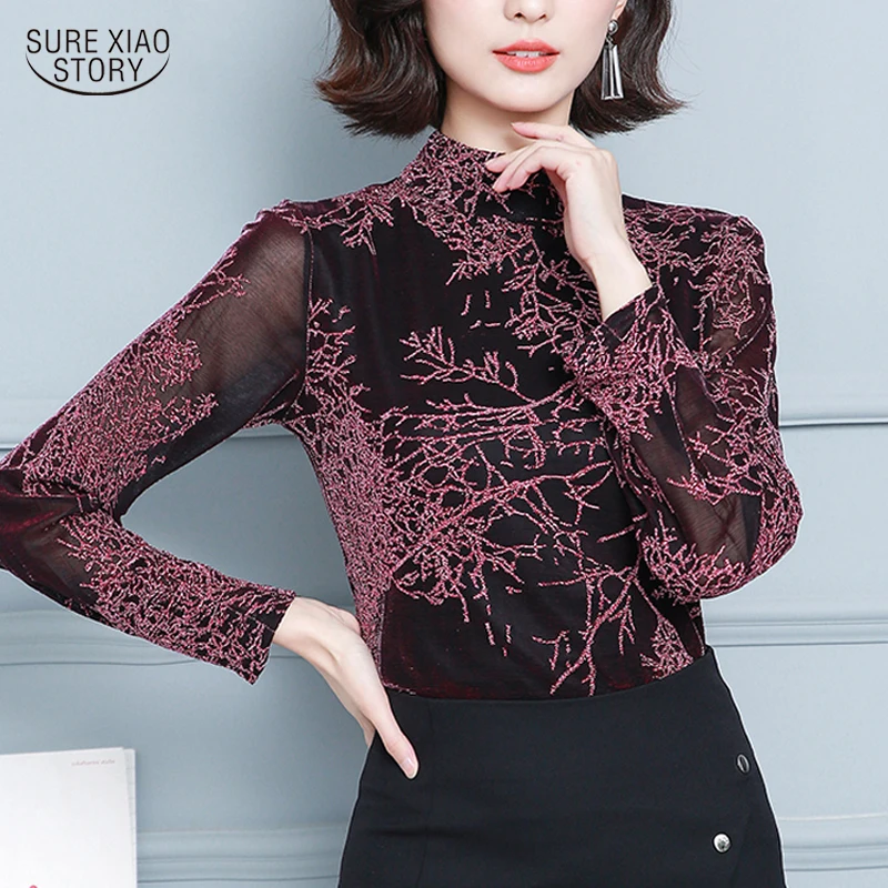 

2022 Print Mesh Tops Female Blusas Autumn Bright Silk Long Sleeve T-shirt for Women Elegant Sexy Retro Stand Collar Blouse 16737