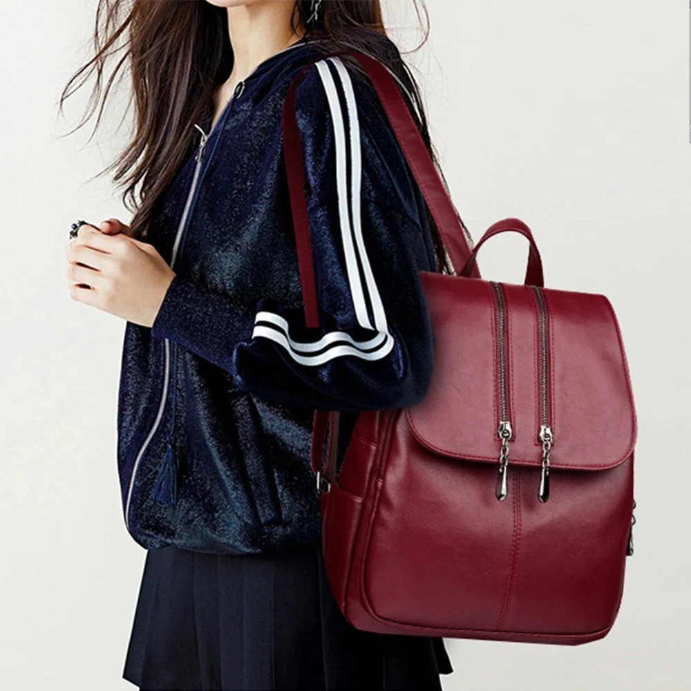 Casual Double Zipper Backpacks Female Large Capacity School Bags for Girls Leather Shoulder Bag Travel Backpack For Women 2019 |