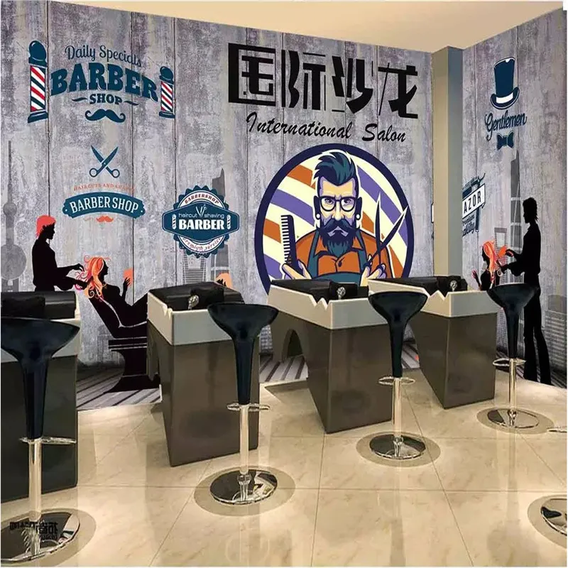 

Custom Wall Paper 3D European Hand-painted Retro Barber Shop Hair Salon Background Mural Wallpaper 3D Industrial Decor Murals
