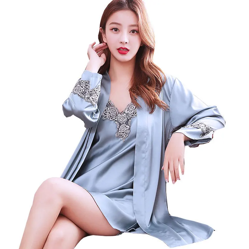 

Spring and autumn silk sexy lace suspender two piece nightdress women's pajamas summer ice silk thin home clothes sptz10