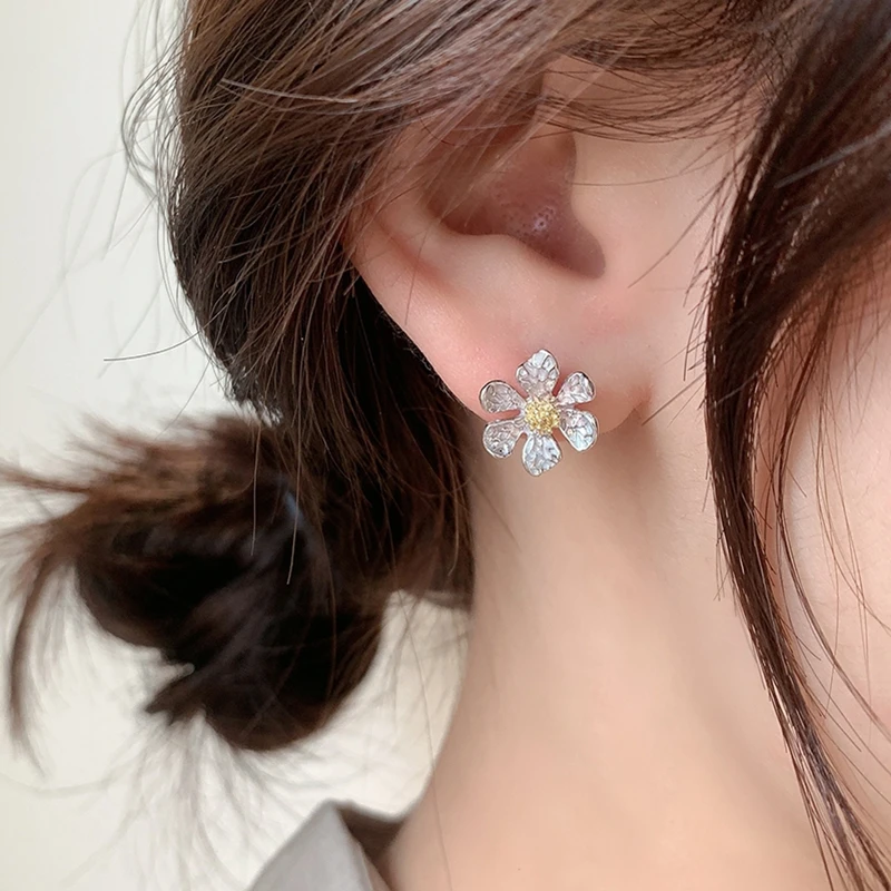 

MENGJIQIAO Fashion Cute Metal Flower Simple Stud Earrings For Women Girls Elegant Statement Oorbellen Jewelry Gifts
