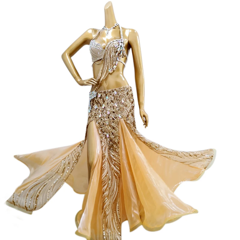 

Женский костюм для танца живота, роскошный костюм для восточных танцев с бисером, комплект из 3 предметов, с бюстгальтером и юбкой, на заказ, ...