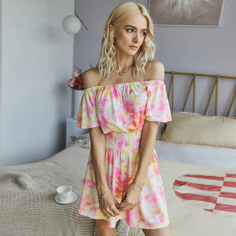 

Summer Women Sexy Slash Neck Off Shoulder Tie-dye Print Dress Casual Slim Elastic Waist Mini Dress Elegant Fashion Beach Vestido