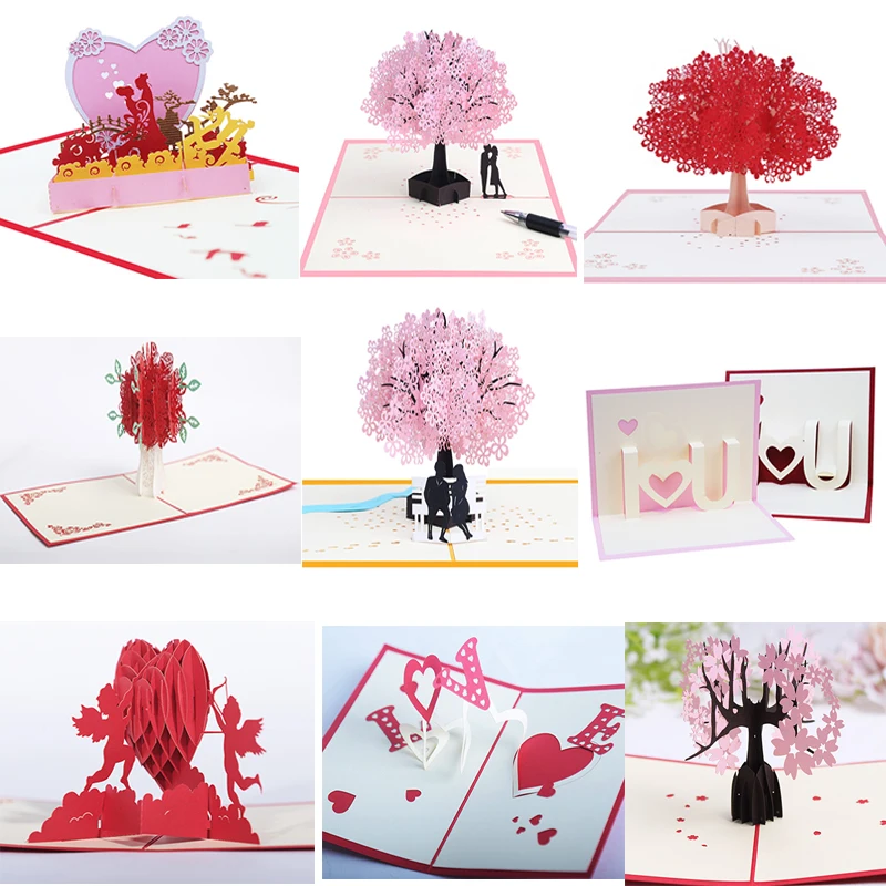 

DIY Pink romantic valentine's day 3D stereo greeting card blessing Love wedding gift card cherry tree paper handmade card 5pcs