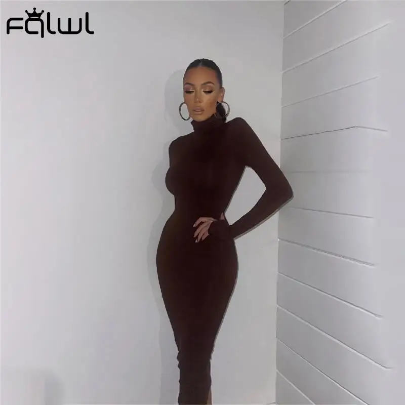 FQLWL Осень Зима Черные вечерние сексуальные макси платья женские водолазки