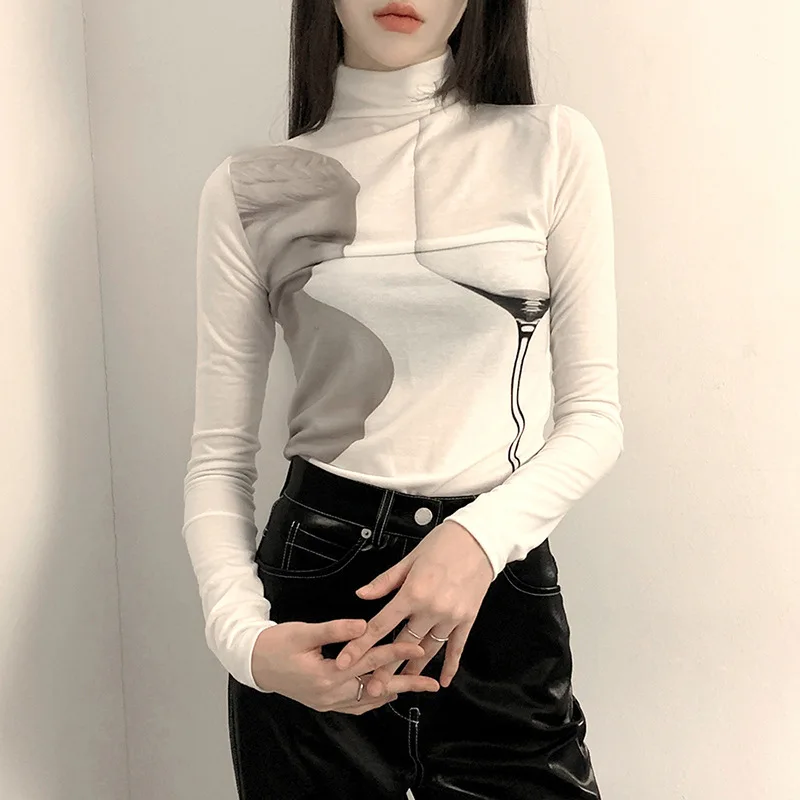 

Модная дизайнерская Водолазка с длинным рукавом и принтом, женская одежда в стиле Харадзюку, футболка, черный, белый топ Y2k, женские повседне...