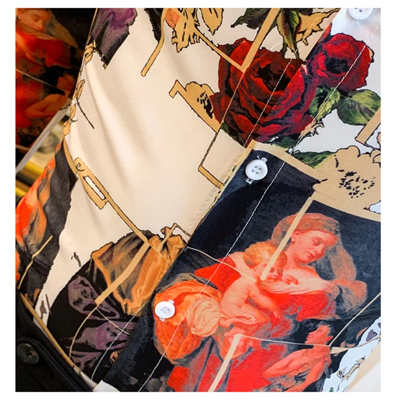 

Virgin Mary and Jesus Rose Floral Print Shirt Men Slim Fit Camisa Hombre Casual Long Sleeve Social Shirts Male Streetwear V513