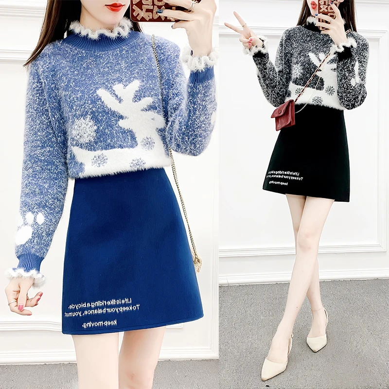 

Sweet Letters Embroidery Woolen Cloth Skirt Pullover Deer Knitted Sweater Women Knitwear Casual Clothes Warm Two-Piece Outfit