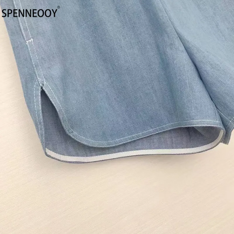 SPENNYMOOR Designer Brand Summer Denim Shorts Women Elastic Waist Letter Embroidery Casual Shorts