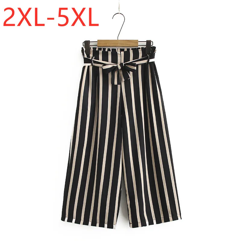 

New 2021 Ladies Summer Plus Size Cropped Pants For Women Loose Casual Wide Leg Cotton Black Stripe Trousers 2XL 3XL 4XL 5XL