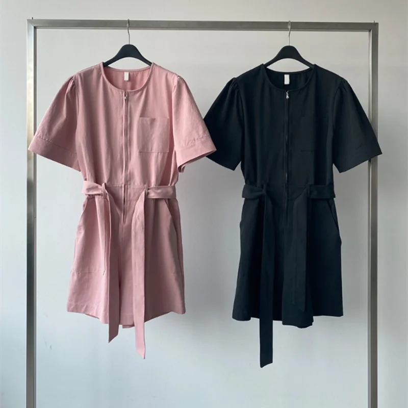 

2021 New Summer Elegant Women's Jumpsuits Sashes Chic High Waist Zipper Puff Sleeve Pink Female Rompers Pockets Ladies Overalls