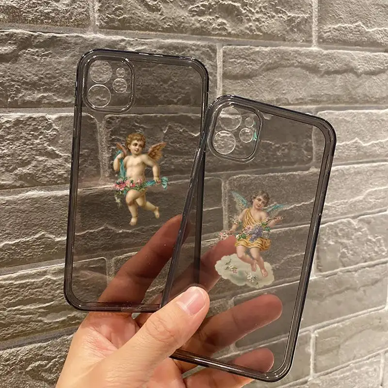 

cute little angel Phone Case For iPhone 7 8 11 12 X XS XR MINI Pro Max Plus Retro Black Grey clear transparent