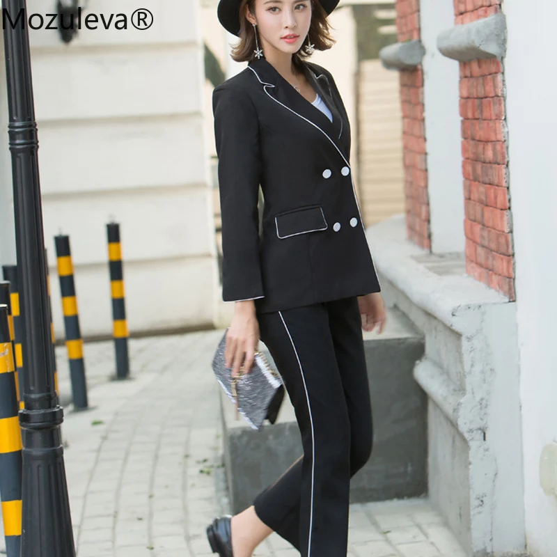 Женский офисный брючный костюм Mozuleva черный пиджак и брюки до щиколотки с высокой