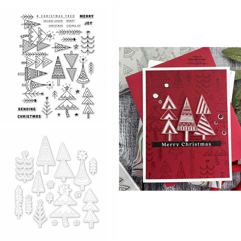 

2pcs/lot Merry Christmas Trees Stamps and Dies 2021 New Phrases Sentiments Clear Stamps for DIY Scrapbooking Craft Die Cuts