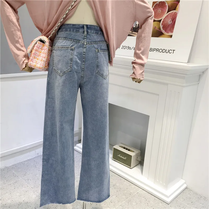 

New Spring and Fall Women's Retro High Waist Straight Denim Trousers Female Students Skinny Jeans Wide Leg Pants