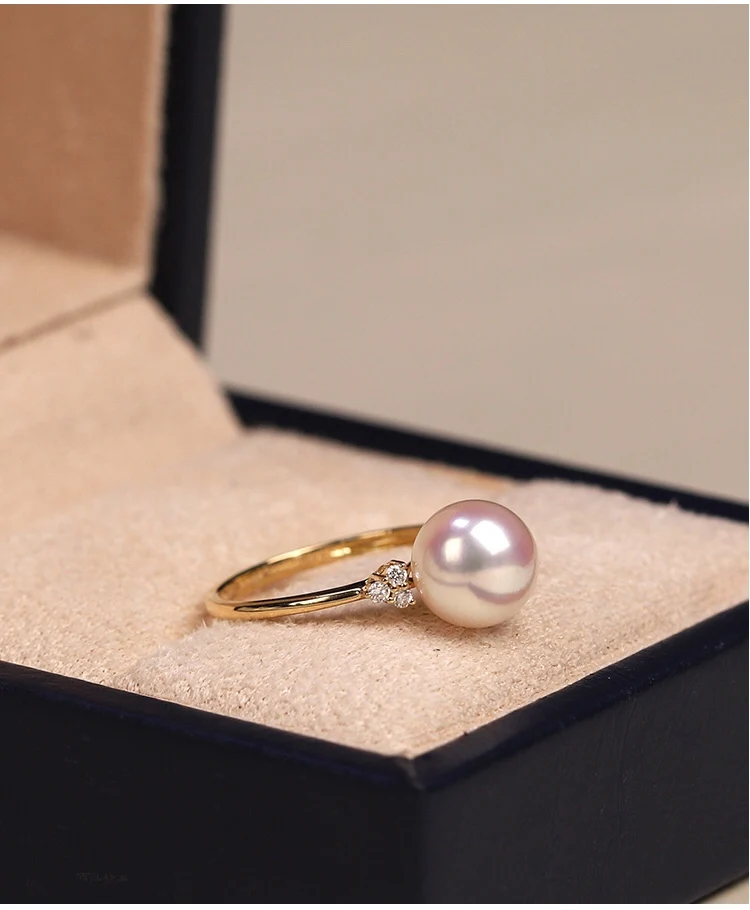 18K import Solid Yellow Gold Jewelry(AU750) Women  Single Grain Akoya Peas Weaving Diamond  ring  Natural Seawater Pearl  Lady