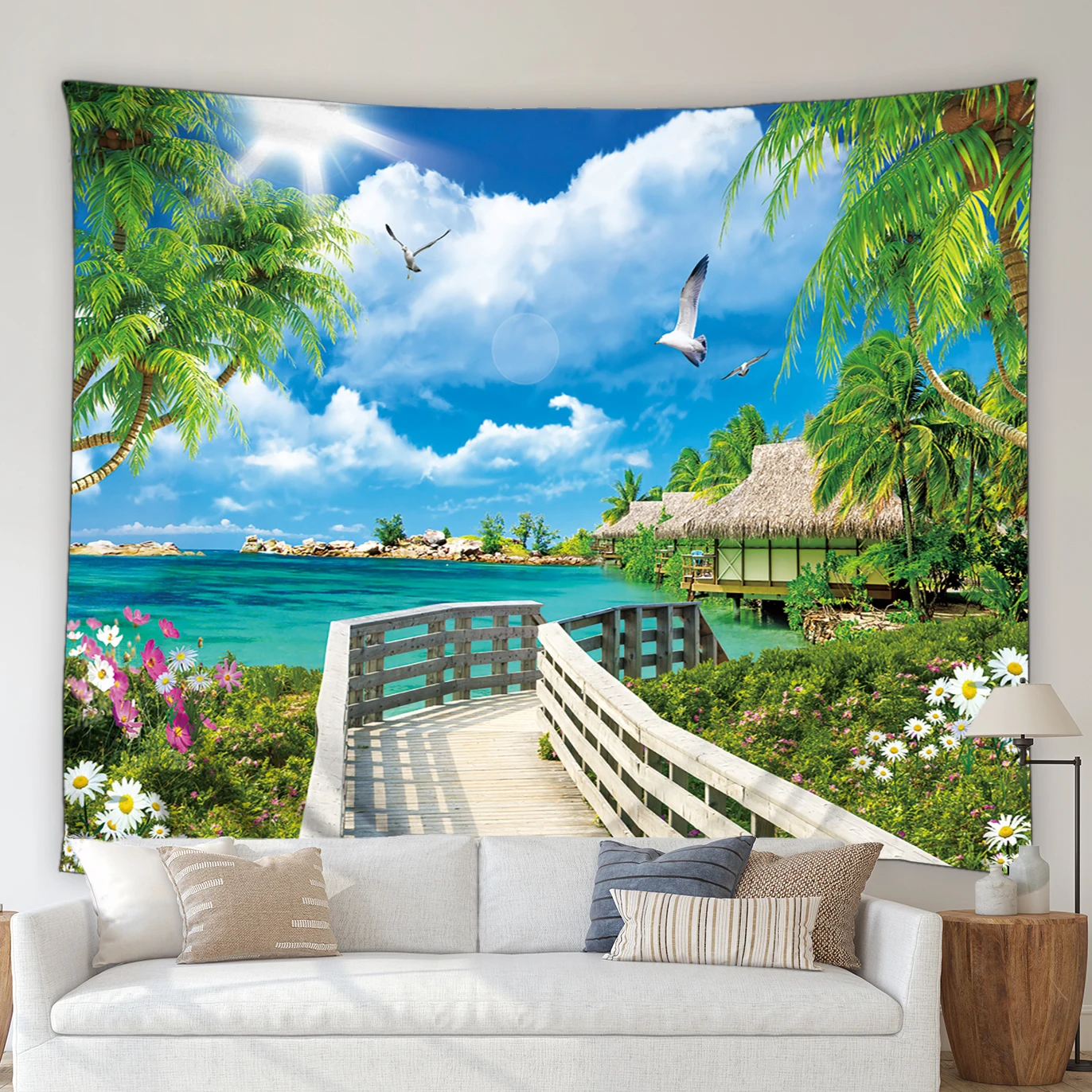 

Natural Scenery Tapestry Ocean Beach Green Forest Palm Tree Plant Pink Flower Landscape Bedroom Living Room Wall Hanging Decor