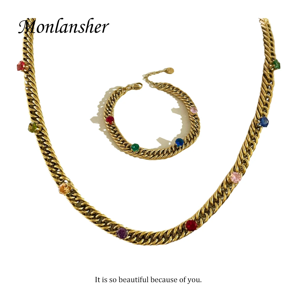 

Monlansher Gold Color Stainless Steel Metal Chain Necklace for Women Colorful Square Zircon Trendy Party Bracelet Necklace Gift