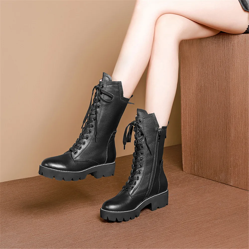 

Fashion Genuine Leather Zip Cross Tied Mid Calf Boots Square Heel Classic Ladies Autumn Winter Shoes Size 34-43 Aiyoway