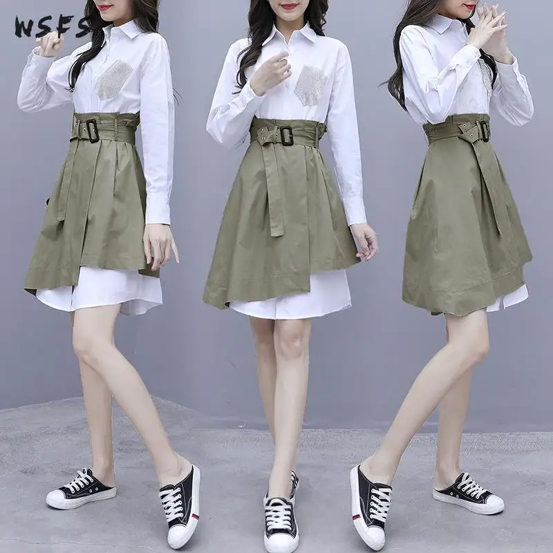 

2 Piece Set Autumn Dresses White Shirt Long Tops Women Dress Bodycon Bandage 2019 Midi Aline Green Skirt Lady Sexy Party Clothes