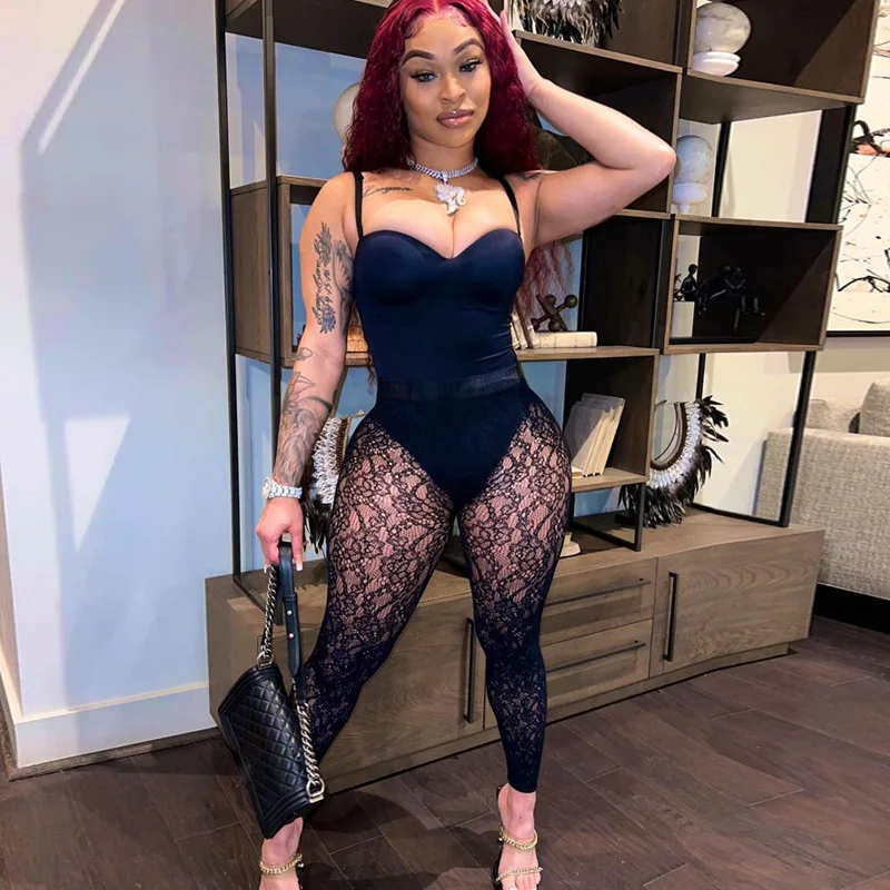 

Spring Fall Fashion Stitching Mesh Sheer Sling Sexy Bodycon Jumpsuit Women Romper One Piece Pants Lounge Streetwear Wholesale