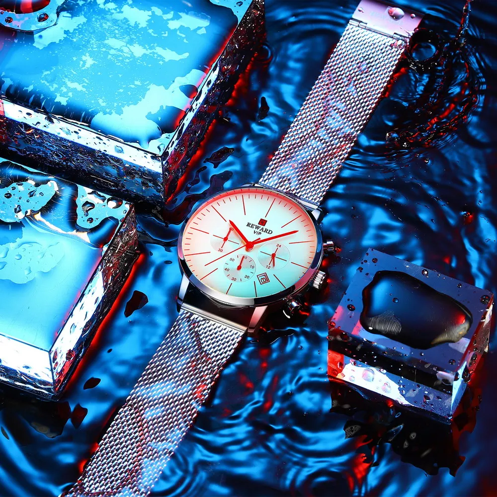 

Reward Fashion Watch Men Top Brand Luxury Chronograph Sport Men's 24 Hour Watch Iridescent Crystal Glass Waterproof Watch