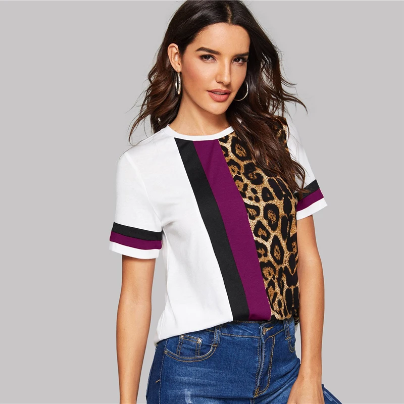 SHEIN Color Block Cut-and-Sew Leopard Panel Top Short Sleeve O-Neck Casual T Shirt Women Summer Leisure Ladies Tshirt Tops