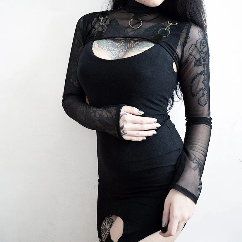 Iamhotty, черная, сексуальная, сетчатая рубашка, кольцо, Клубные, вечерние, прозрачный топ, прозрачная водолазка, длинный рукав, укороченный топ, одноцветная, короткая футболка